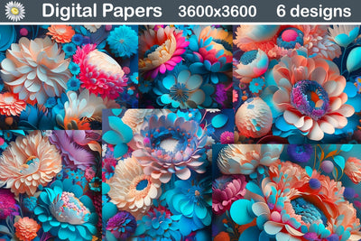 Digital Paper 3D Flowers | 3D Blue Flowers Background Sublimation WatercolorColorDream 