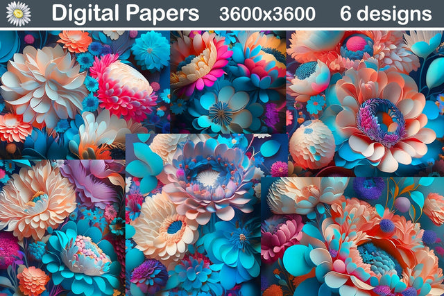 Digital Paper 3D Flowers | 3D Blue Flowers Background Sublimation WatercolorColorDream 