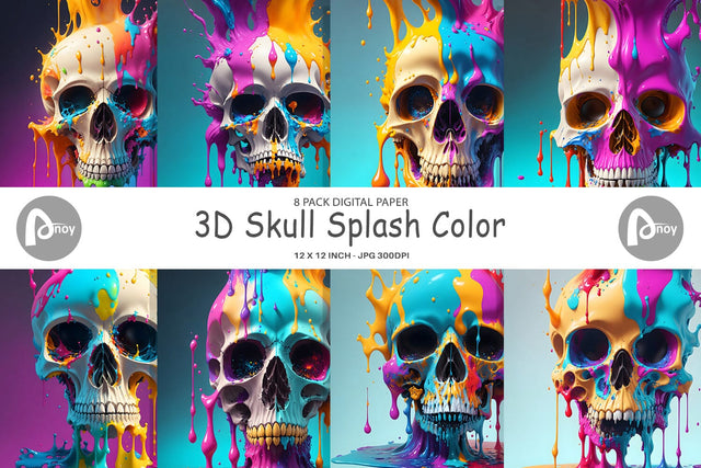Digital Paper 3D Skull Splash Color Digital Pattern artnoy 
