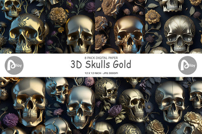 Digital Paper 3D Skulls Gold Digital Pattern artnoy 