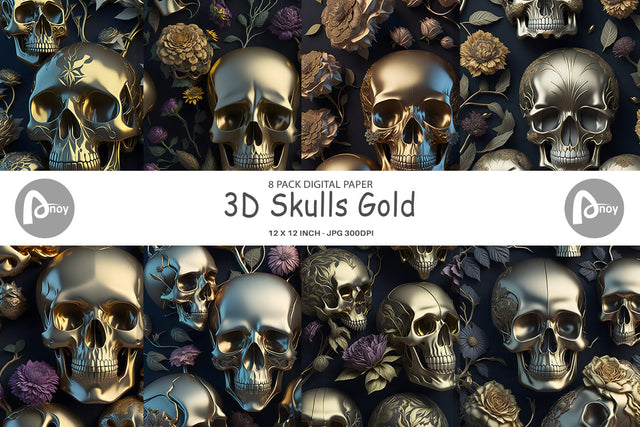 Digital Paper 3D Skulls Gold Digital Pattern artnoy 