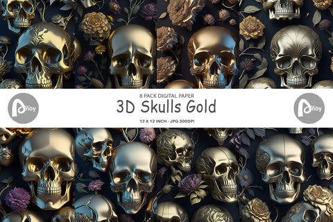 Digital Paper 3D Skulls Gold Digital Pattern artnoy 