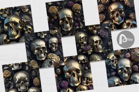 Digital Paper 3D Skulls Gold Digital Pattern artnoy 