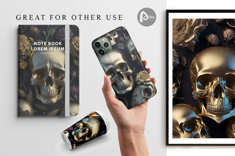 Digital Paper 3D Skulls Gold Digital Pattern artnoy 