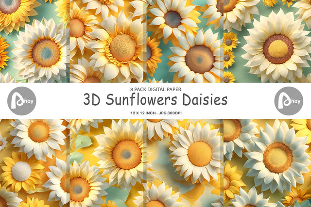 Digital Paper 3D Sunflowers Daisies Digital Pattern artnoy 