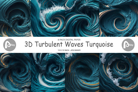 Digital Paper 3D Turbulent Waves Turquoise Digital Pattern artnoy 