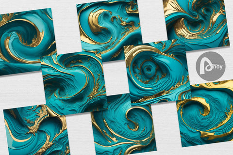 Digital Paper 3D Whirlpool Gold Turquoise Digital Pattern artnoy 