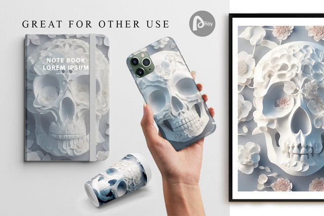 Digital Paper 3D White Skull Digital Pattern artnoy 