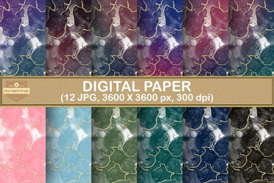 Digital Paper - Alcohol Ink Textures and Gold Glitter Backgrounds Digital Pattern SineDigitalDesign 