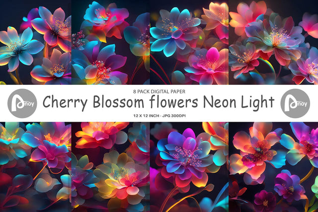 Digital Paper Cherry Blossom flowers Neon Light Digital Pattern artnoy 