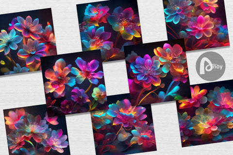 Digital Paper Cherry Blossom flowers Neon Light Digital Pattern artnoy 