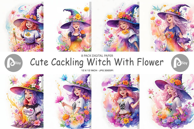 Digital Paper Cute Cackling Witch Flower Digital Pattern artnoy 