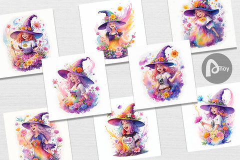 Digital Paper Cute Cackling Witch Flower Digital Pattern artnoy 