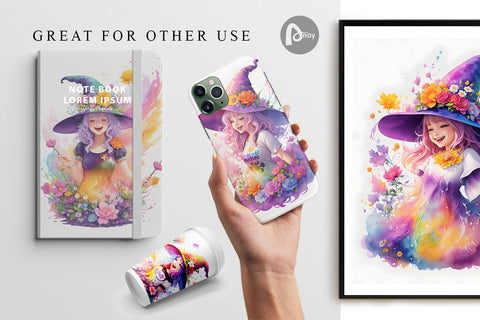 Digital Paper Cute Cackling Witch Flower Digital Pattern artnoy 