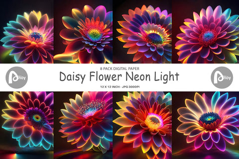 Digital Paper Daisy Flower Neon Light Digital Pattern artnoy 