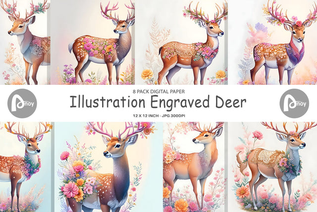 Digital Paper Engraved Deer Digital Pattern artnoy 