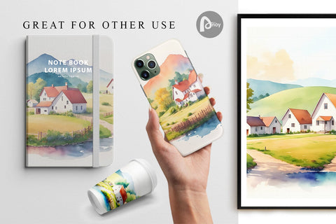 Digital Paper Farmhouses Landscape Digital Pattern artnoy 