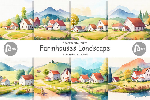 Digital Paper Farmhouses Landscape Digital Pattern artnoy 