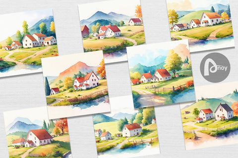 Digital Paper Farmhouses Landscape Digital Pattern artnoy 