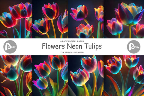 Digital Paper Flowers Neon Tulips Digital Pattern artnoy 