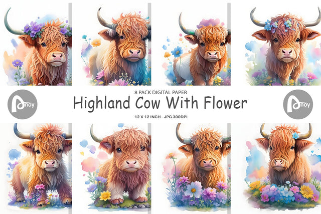 Digital Paper Highland Cow With Flower Digital Pattern artnoy 