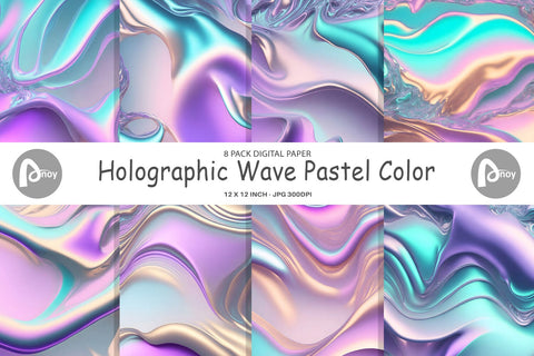 Digital Paper Holographic Wave Pastel Digital Pattern artnoy 