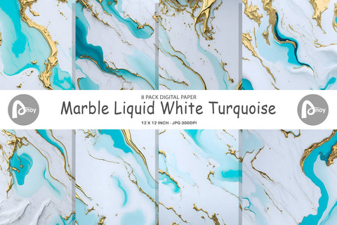 Digital Paper Marble Liquid White Turquoise Digital Pattern artnoy 