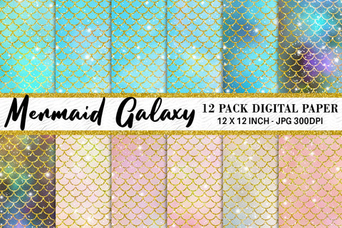 Digital paper mermaid scales pattern with galaxy space background Digital Pattern artnoy 