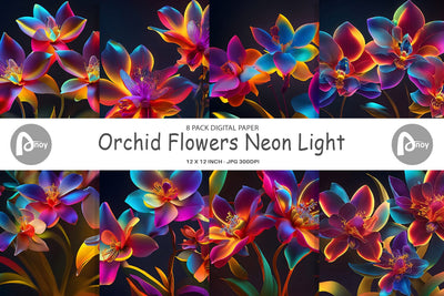 Digital Paper Orchid Flowers Neon Light Digital Pattern artnoy 