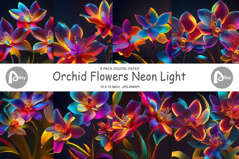 Digital Paper Orchid Flowers Neon Light Digital Pattern artnoy 