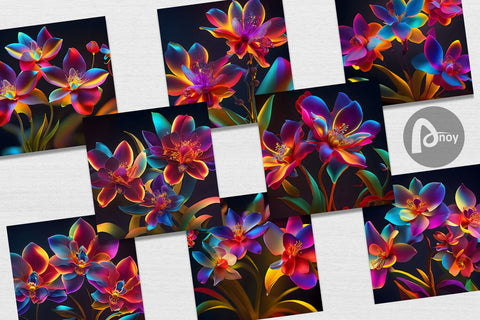 Digital Paper Orchid Flowers Neon Light Digital Pattern artnoy 