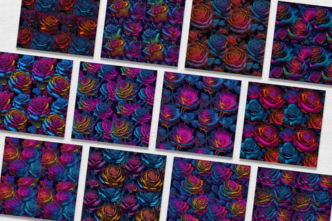 Digital Paper Rainbow Neon Rose Flower Seamless Pattern Digital Pattern artnoy 