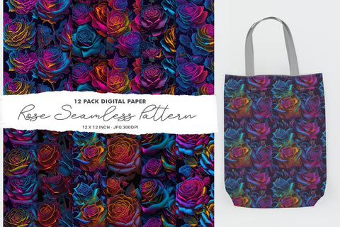 Digital Paper Rainbow Neon Rose Flower Seamless Pattern Digital Pattern artnoy 