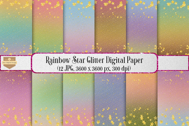 Digital Paper - Rainbow Star Glitter Background Pack Digital Pattern SineDigitalDesign 