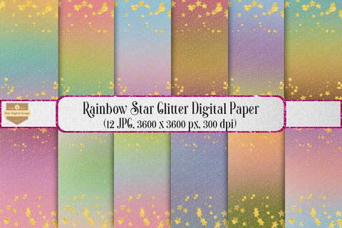 Digital Paper - Rainbow Star Glitter Background Pack Digital Pattern SineDigitalDesign 