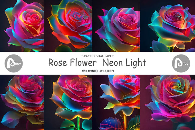 Digital Paper Rose Flower Neon Light Digital Pattern artnoy 