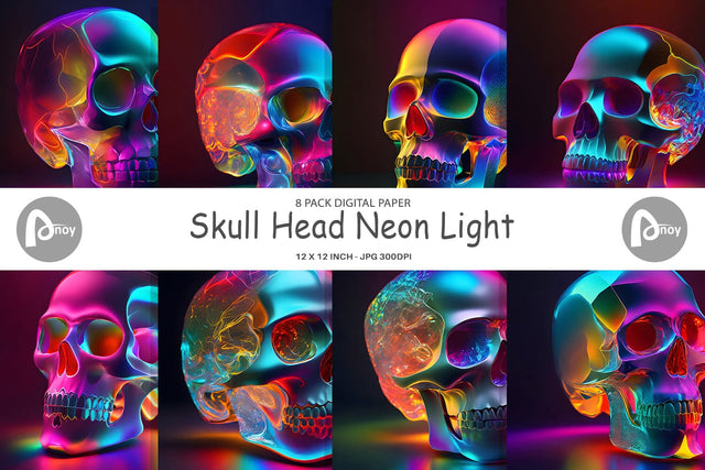 Digital Paper Skull Head Neon Light Digital Pattern artnoy 