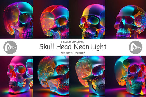 Digital Paper Skull Head Neon Light Digital Pattern artnoy 