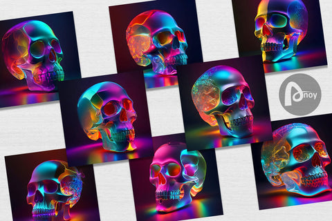 Digital Paper Skull Head Neon Light Digital Pattern artnoy 