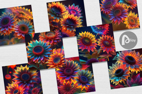 Digital Paper Sunflowers Neon Light Digital Pattern artnoy 