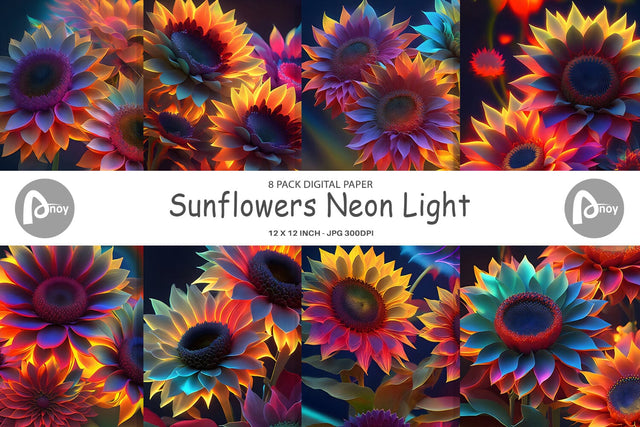 Digital Paper Sunflowers Neon Light Digital Pattern artnoy 