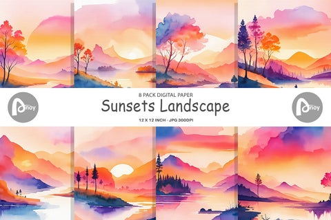 Digital Paper Sunsets Landscape Digital Pattern artnoy 