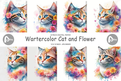 Digital Paper Wartercolor Cat and Flower Digital Pattern artnoy 