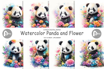 Digital Paper Watercolor Panda and Flower Digital Pattern artnoy 