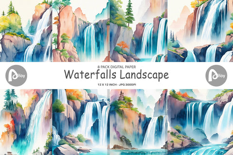 Digital Paper Waterfalls Landscape Digital Pattern artnoy 