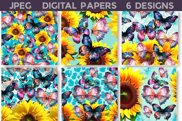Digital Papers Sunflowers And Butterflies Digital Pattern WatercolorColorDream 