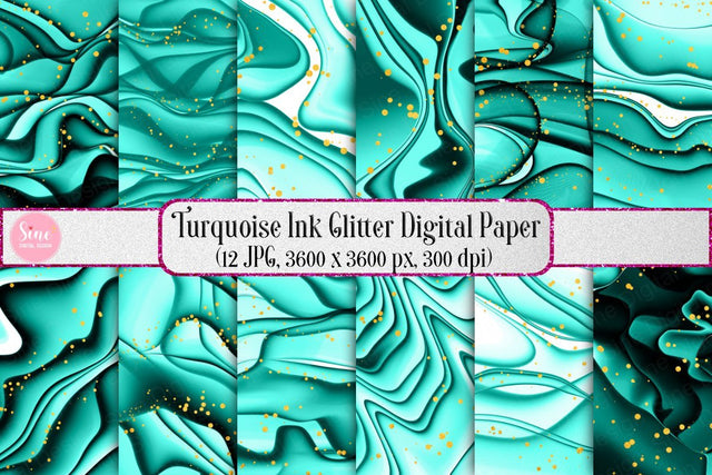 Digital Papers - Turquoise Ink Glitter Backgrounds Pack Digital Pattern SineDigitalDesign 