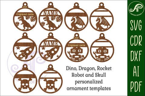 Dino, Dragon, Rocket, Robot and Skull Christmas Ornaments 5 SVG APInspireddesigns 