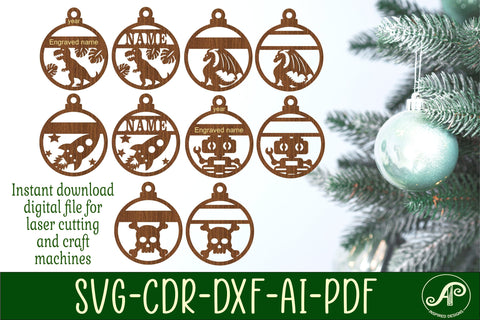 Dino, Dragon, Rocket, Robot and Skull Christmas Ornaments 5 SVG APInspireddesigns 