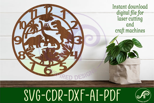 Dinosaur animal wall clock laser cut files, SVG file. vector SVG APInspireddesigns 